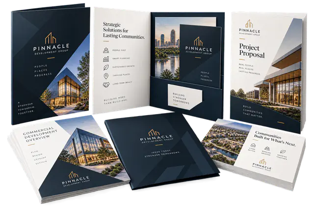 Presentation folders, proposal sheets, and packet materials arranged on a studio surface.