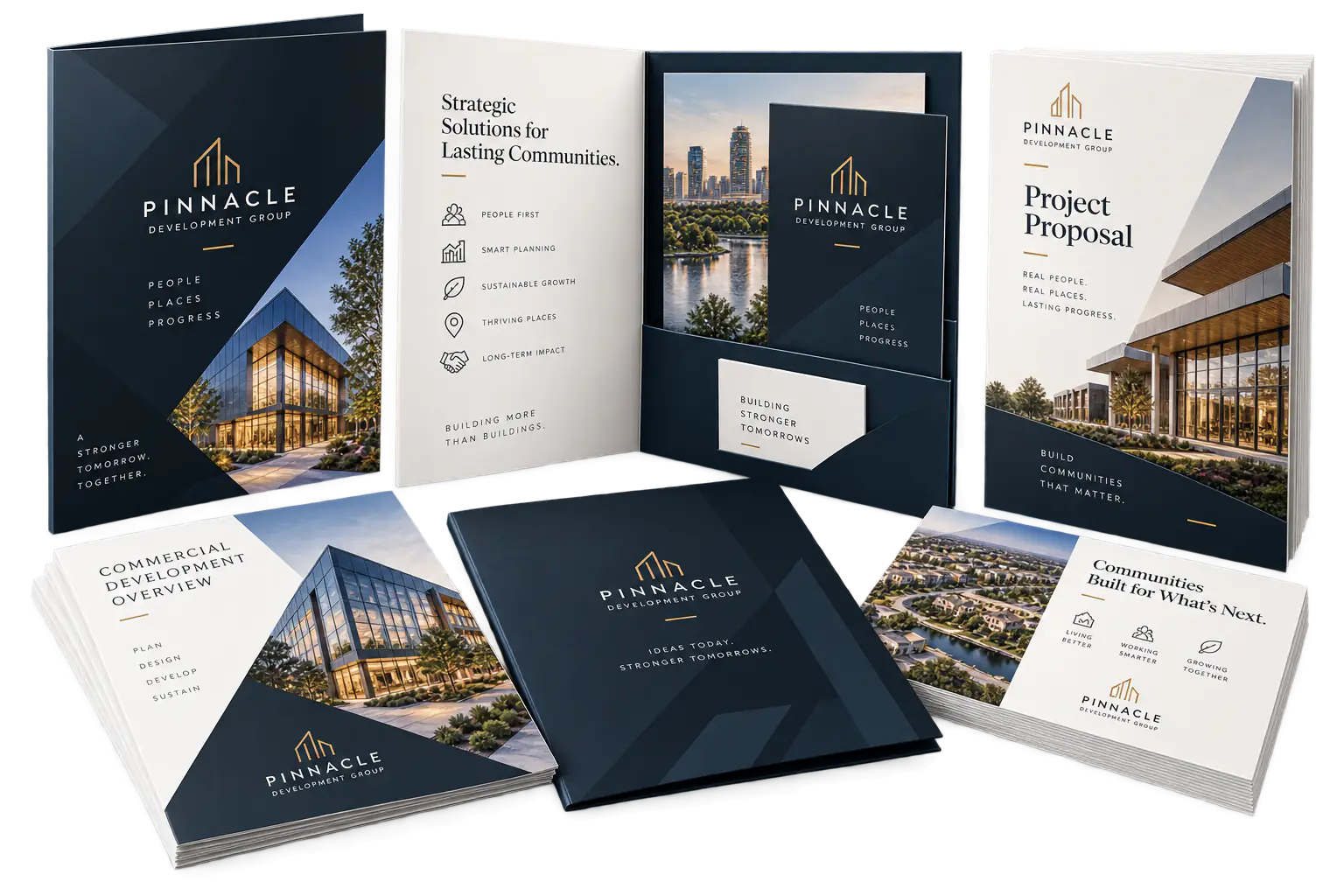 Presentation folders, proposal sheets, and packet materials arranged on a studio surface.