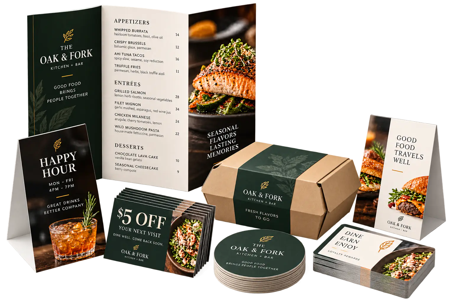 Menus, table tents, takeout materials, and coupons arranged on a studio surface.