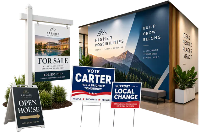 Posters, yard signs, directional graphics, and banner displays in a studio setting.