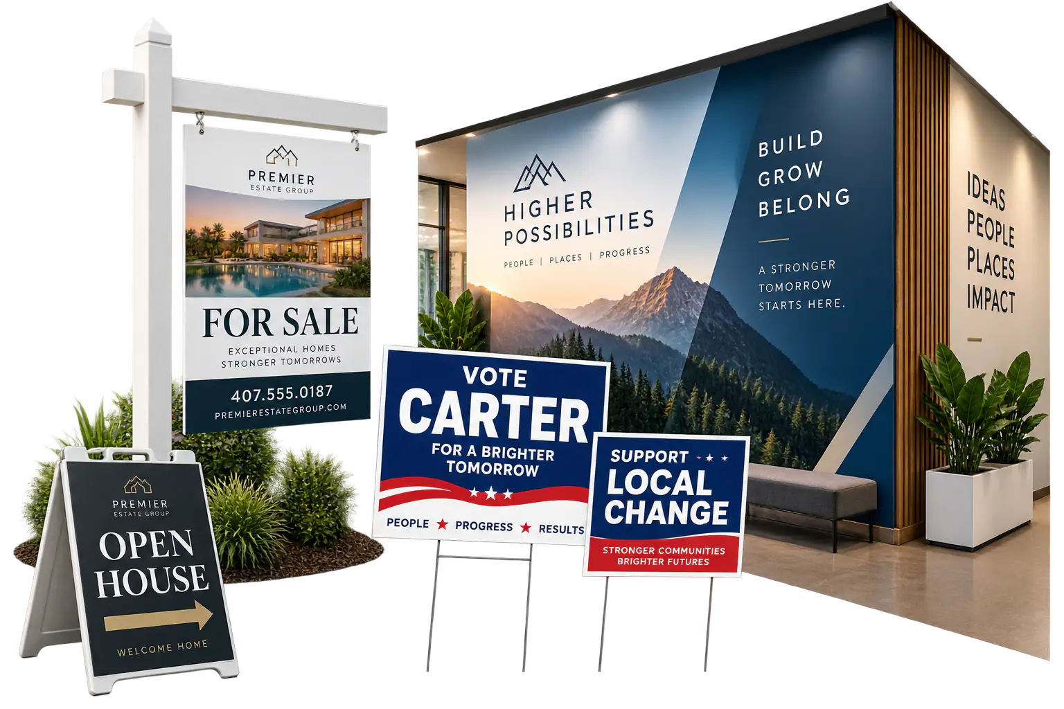 Posters, yard signs, directional graphics, and banner displays in a studio setting.