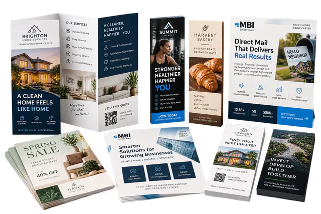 Brochures, flyers, sell sheets, and rack cards arranged on a studio surface.
