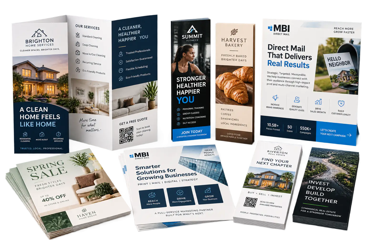 Brochures, flyers, sell sheets, and rack cards arranged on a studio surface.
