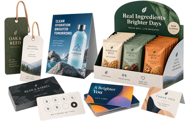 Gift cards, loyalty cards, hang tags, and retail display pieces arranged on a studio surface.