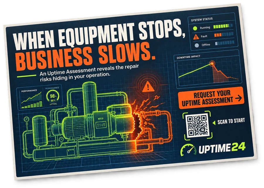 Commercial equipment repair postcard offering an uptime assessment, with a QR code to request it