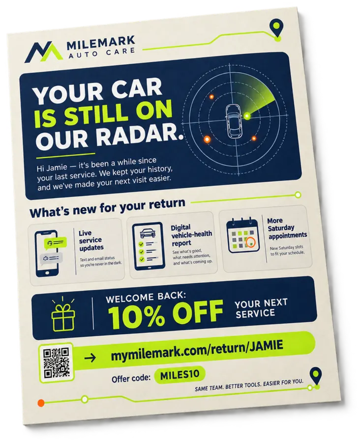 Auto care win-back letter personalized to a lapsed customer, carrying a return offer code and a personalized URL
