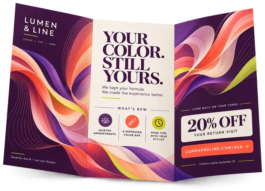 Salon trifold self-mailer opened flat, inviting a lapsed client back with a return-visit offer