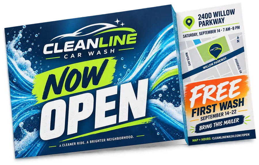 Car wash now-open self-mailer with a free first wash offer, a locator map and the opening hours