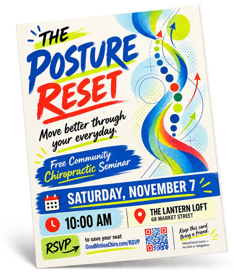 Chiropractic self-mailer inviting the neighborhood to a free community posture seminar, with an RSVP link and QR code
