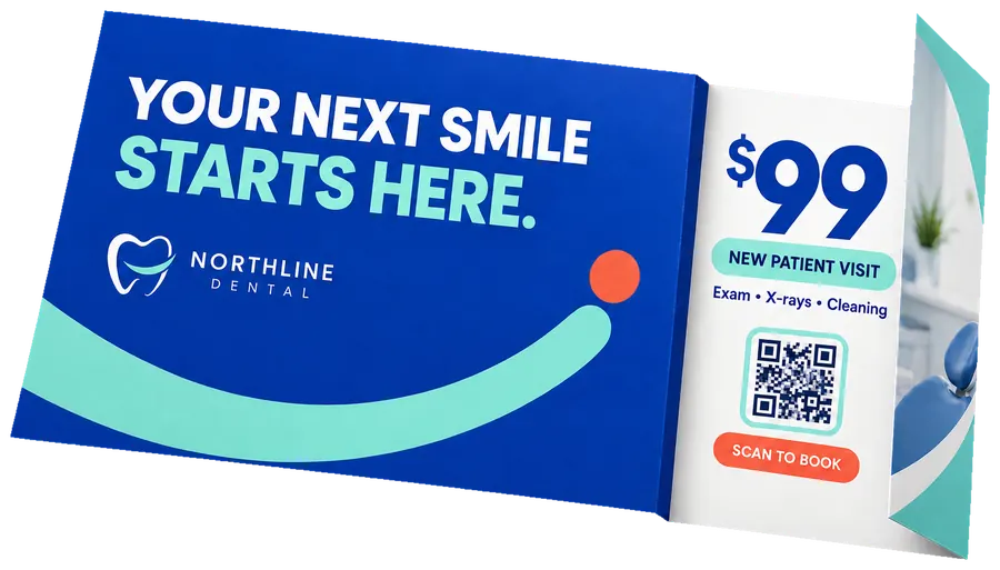Dental self-mailer opened to show a $99 new-patient visit offer with a QR code to book