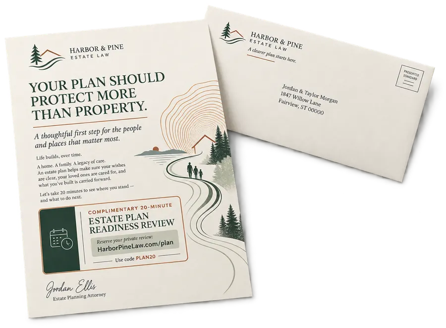 Estate planning letter and outer envelope offering a complimentary estate plan readiness review
