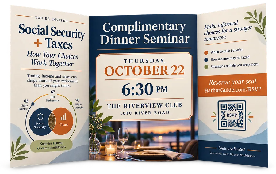 Financial advisory trifold invitation to a complimentary dinner seminar, with the date, the venue and an RSVP QR code