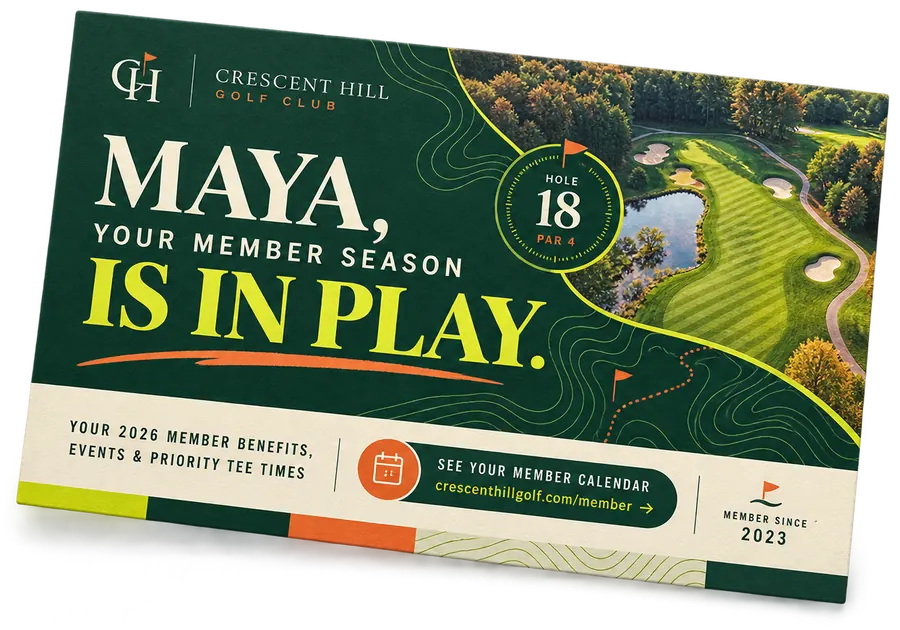 Golf club postcard personalized to a named member, opening their season and linking to the member calendar