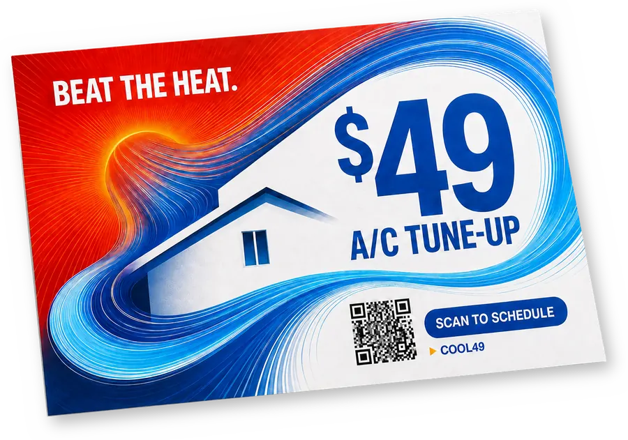 HVAC acquisition postcard offering a $49 A/C tune-up, with a QR code and offer code as the response path