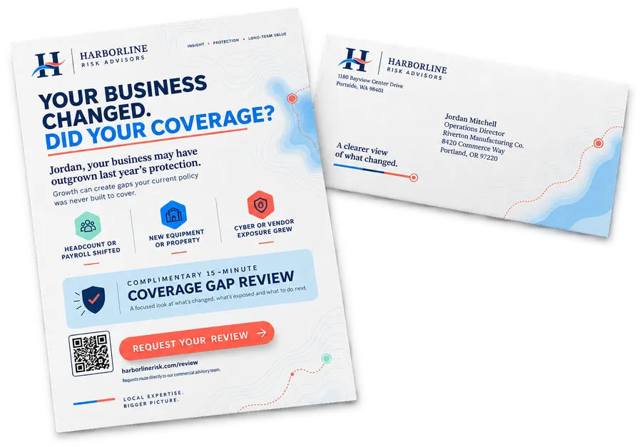 Business insurance letter and outer envelope offering a complimentary coverage-gap review