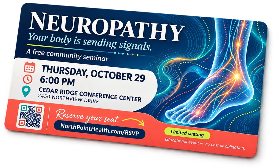 Six by twelve inch seminar self-mailer for a neuropathy education event, with the date, the venue and an RSVP link