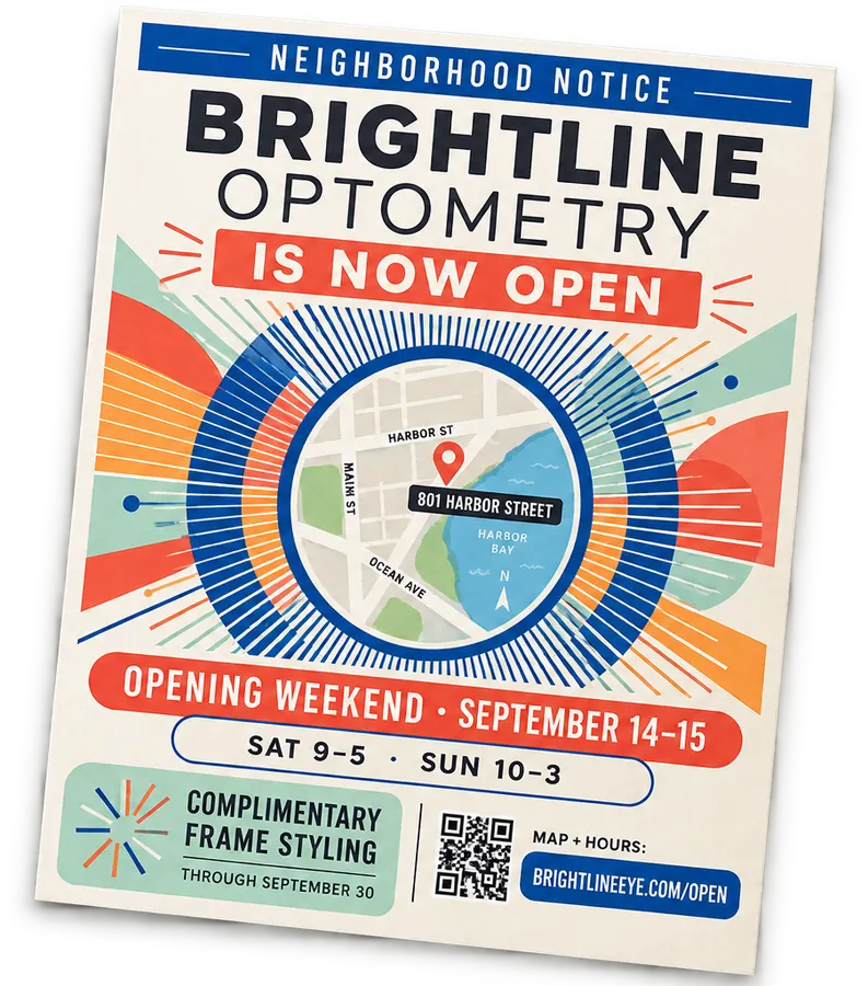 Optometry neighborhood notice announcing a new practice, with a locator map, opening weekend hours and an offer