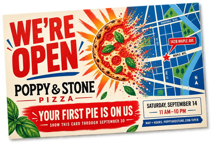 Restaurant grand-opening postcard with an opening-day offer, a locator map and the hours