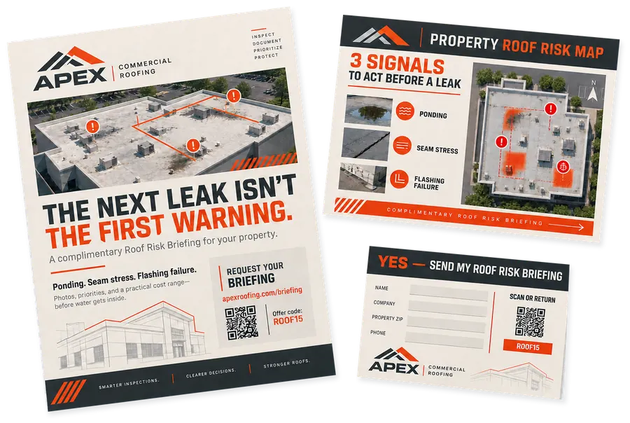 Commercial roofing mail package: a letter, a roof risk map insert and a reply card