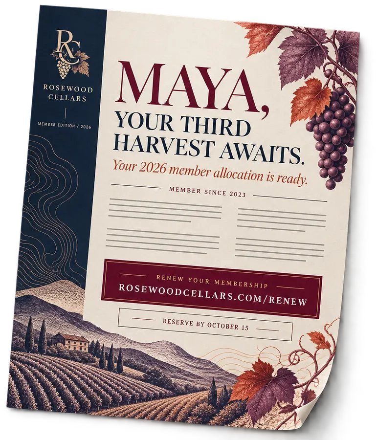 Wine club letter personalized to a named member, announcing their 2026 allocation with a renewal URL and a reserve-by date
