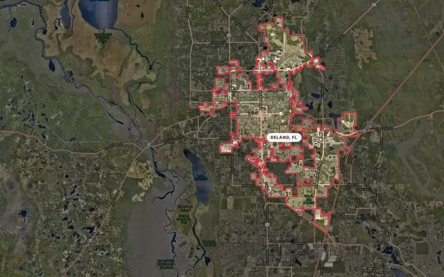 The Market Explorer showing the city limits of DeLand, Florida outlined in red over a street map of the surrounding area.