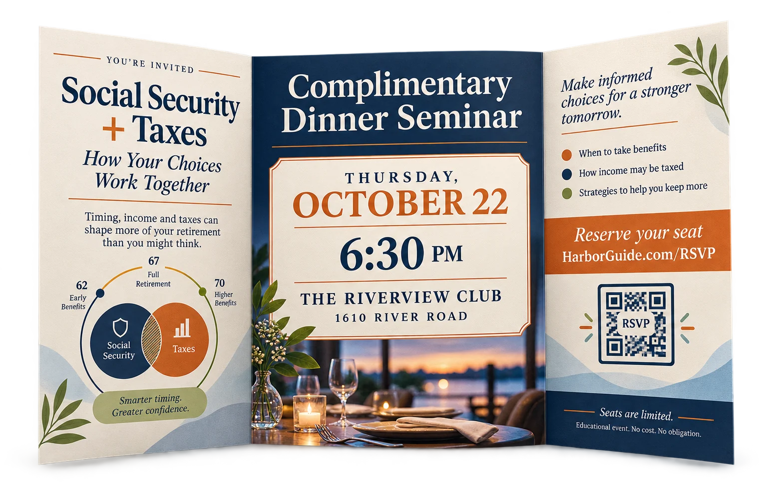 Trifold dinner-seminar invitation: Social Security + Taxes, Thursday October 22, 6:30 PM, The Riverview Club