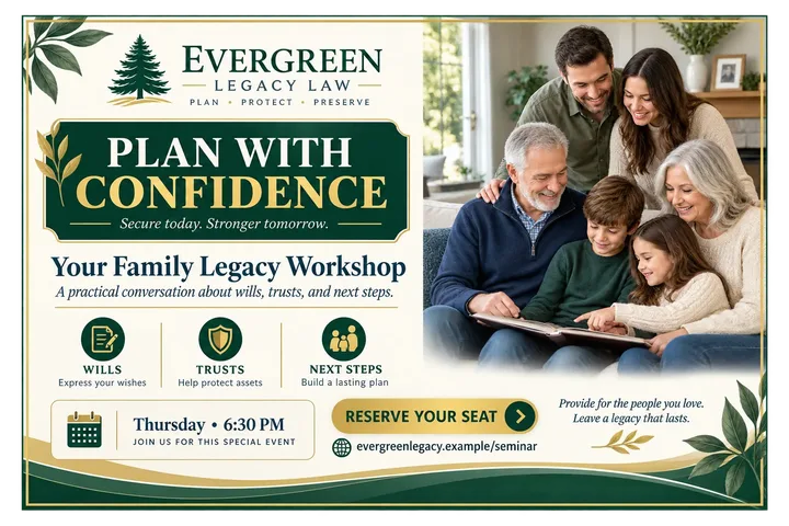 Family legacy workshop postcard for an estate planning law firm