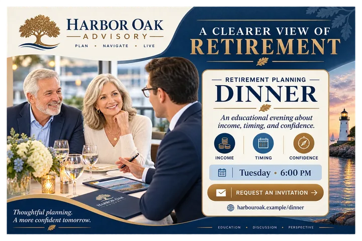 Retirement planning dinner seminar postcard for a financial advisory firm