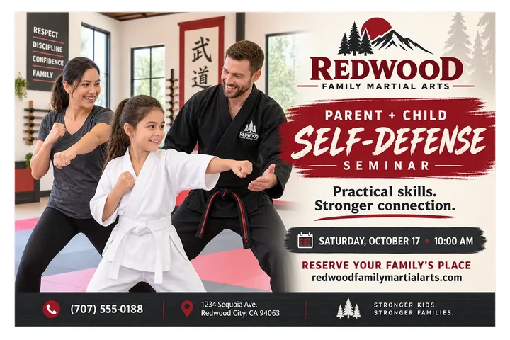 Parent and child self-defense seminar postcard for a martial arts school