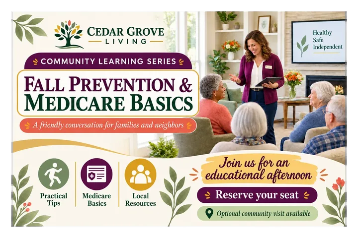 Fall prevention and Medicare basics community seminar postcard