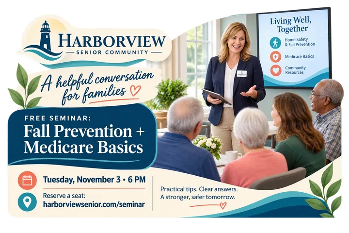 Fall prevention and Medicare basics seminar postcard for a senior living community