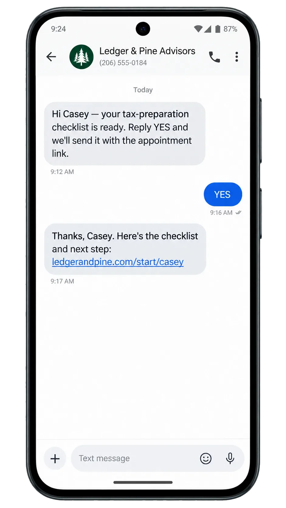 Appointment follow-up text, addressed by first name: your tax-preparation checklist is ready, reply YES and we’ll send it with the appointment link; the YES, then the checklist and the next step.