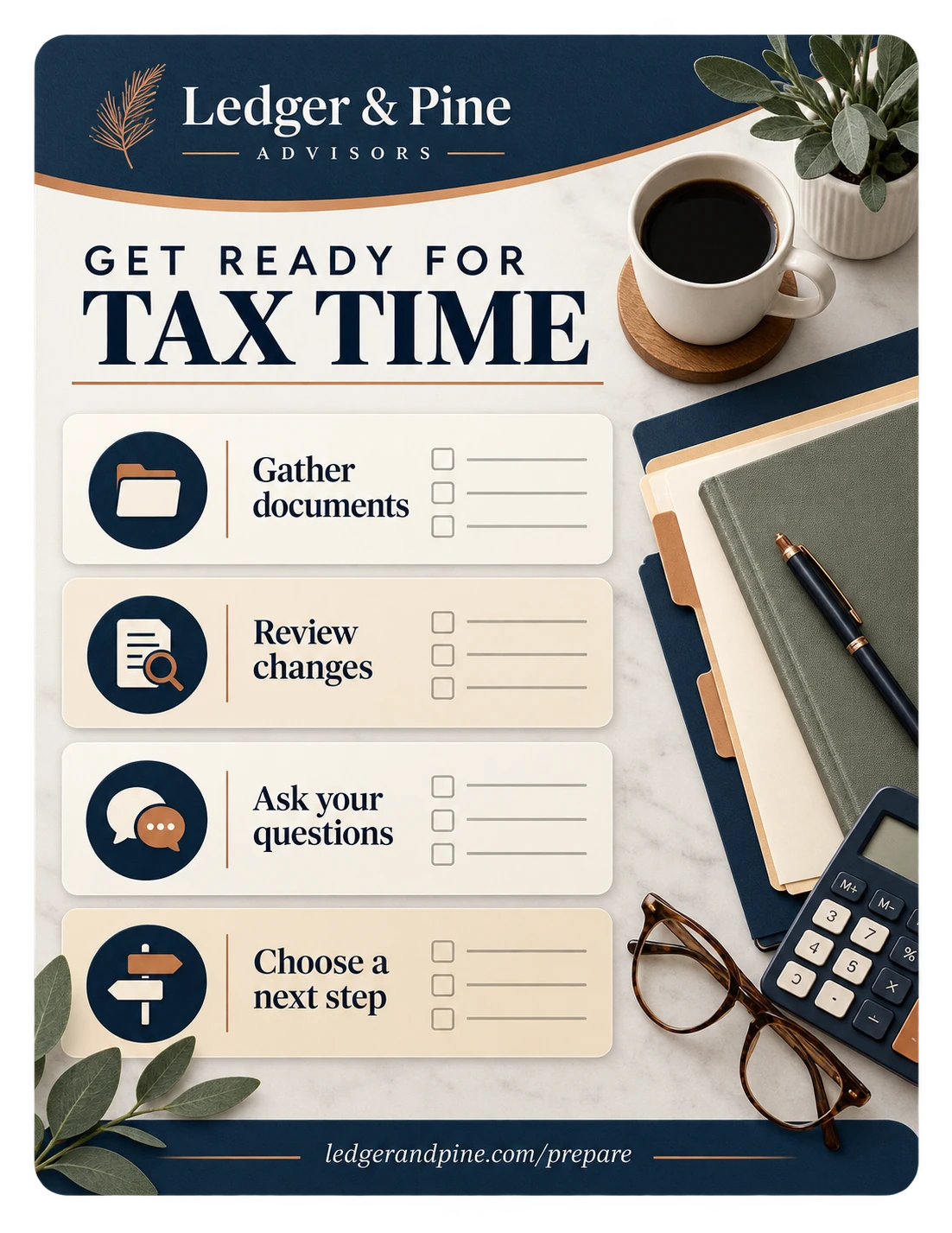 Tax-preparation checklist: get ready for tax time; gather documents, review changes, ask your questions and choose a next step, each with its own tick boxes left blank, and the firm’s own prepare page at the foot.