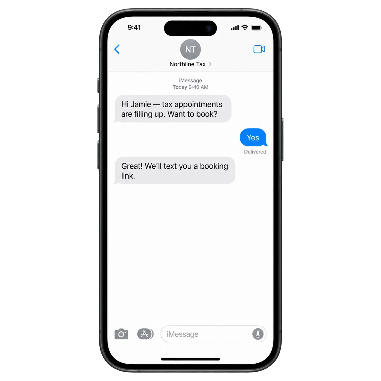 Tax appointment text, addressed by first name: tax appointments are filling up, want to book; the Yes, then we’ll text you a booking link.