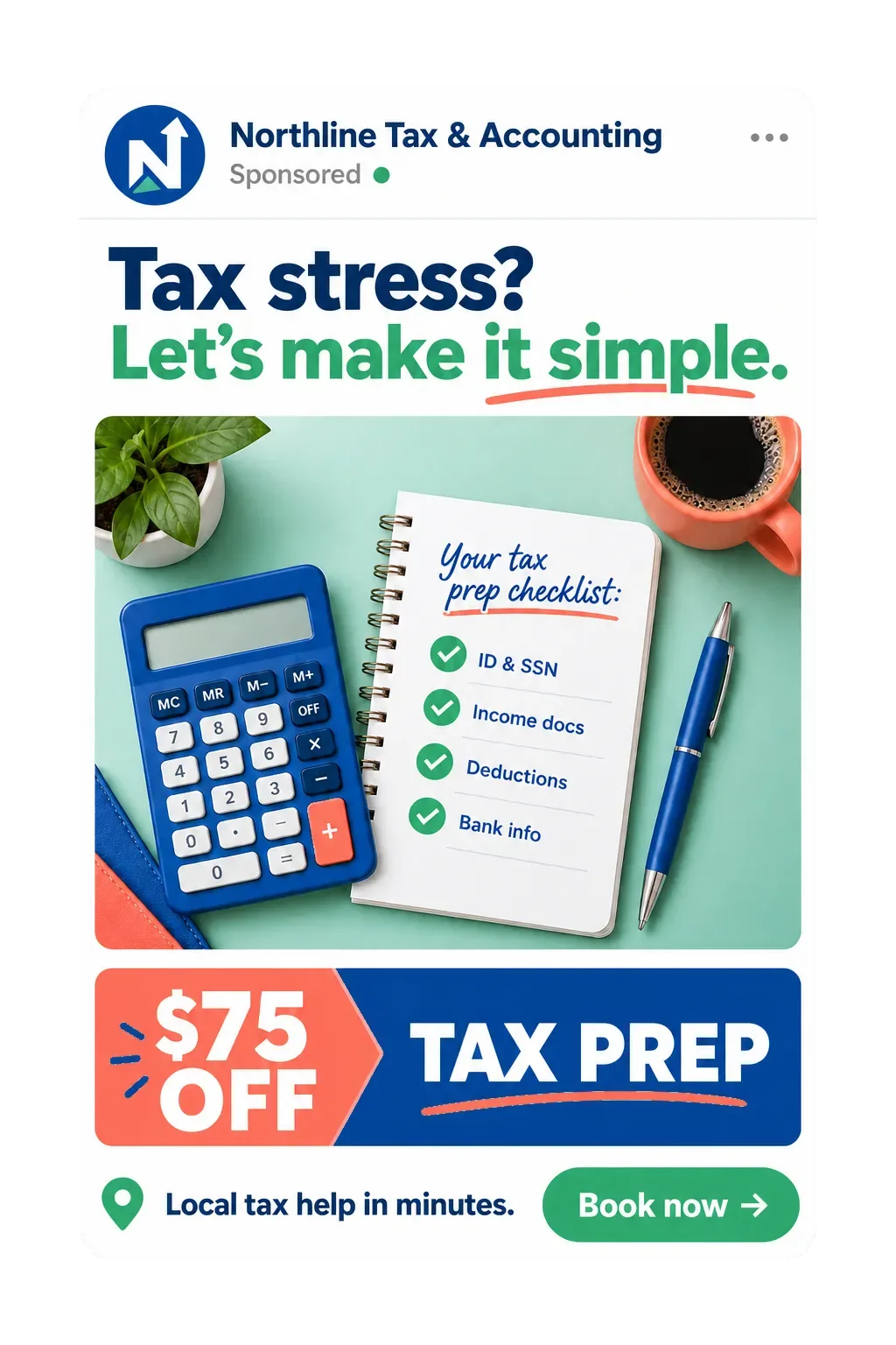Tax-preparation feed unit: tax stress, let’s make it simple; a tax prep checklist ticked off beside a calculator, the same dollars-off tax-prep offer the card carries, book now.