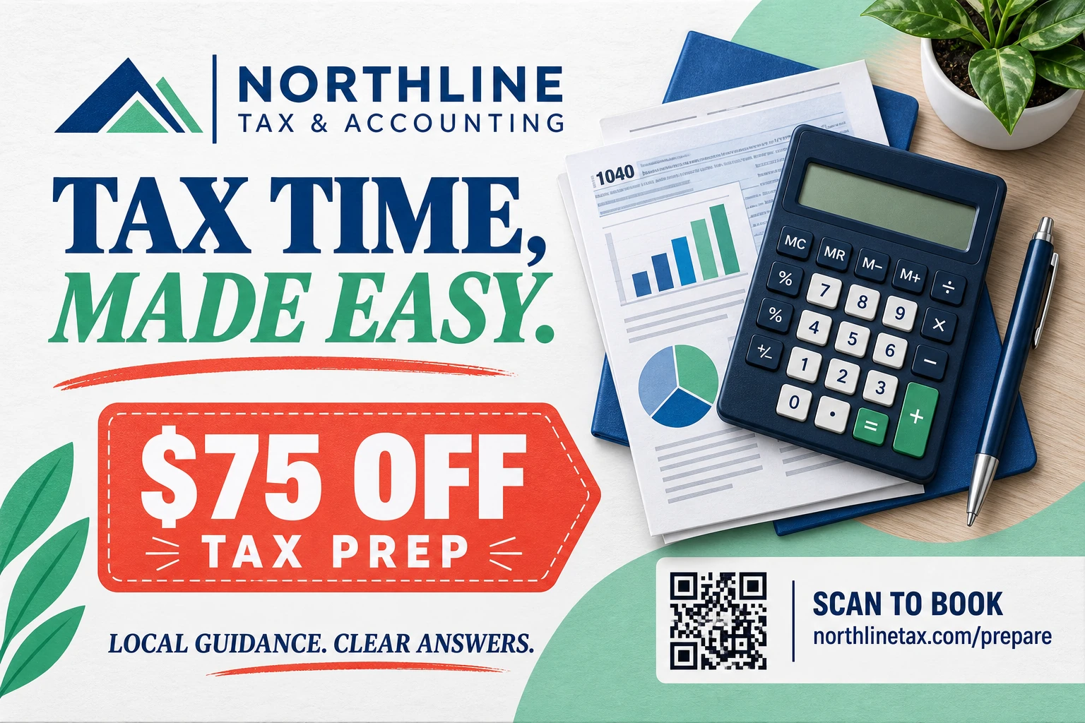 Tax-season postcard: tax time, made easy; the office’s own dollars-off tax-prep offer printed as a coupon block, book your appointment today, and local guidance, clear answers along the foot.