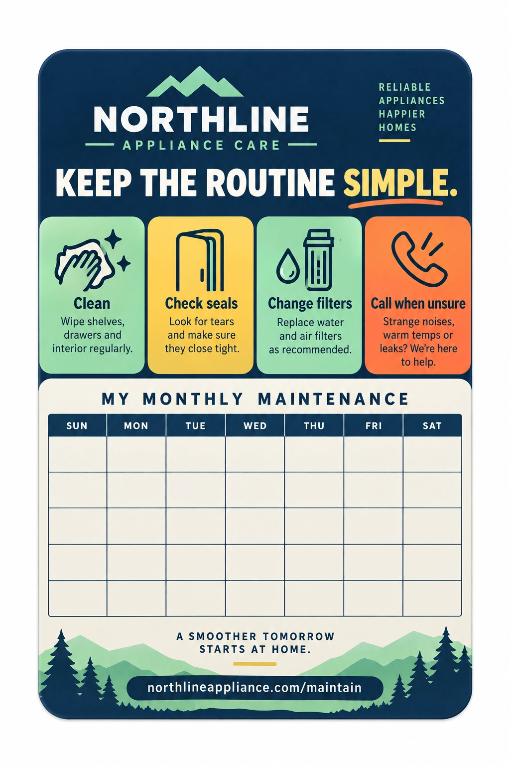 Maintenance calendar magnet: keep the routine simple; clean, check seals, change filters, call when unsure; the blank month grid beneath; the company’s maintenance page address.