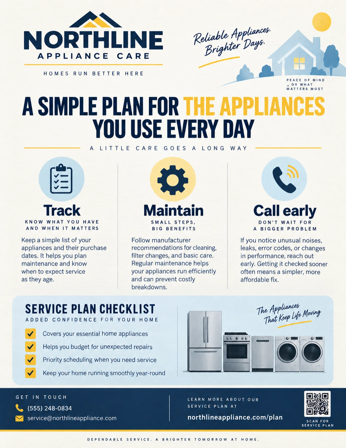 Service-plan welcome kit: a simple plan for the appliances you use every day; track, maintain, call early; the service calendar on the counter; the company’s plan page address.