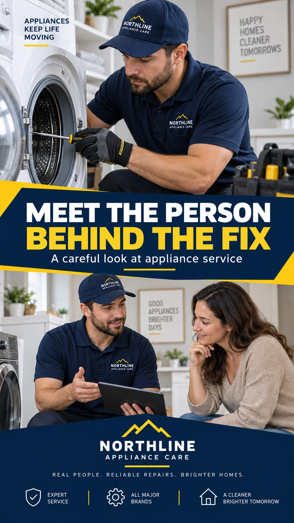 Technician-introduction Reel cover: meet the person behind the fix, a careful look at appliance service; the technician at the washer, the tool case, the conversation at the kitchen counter.