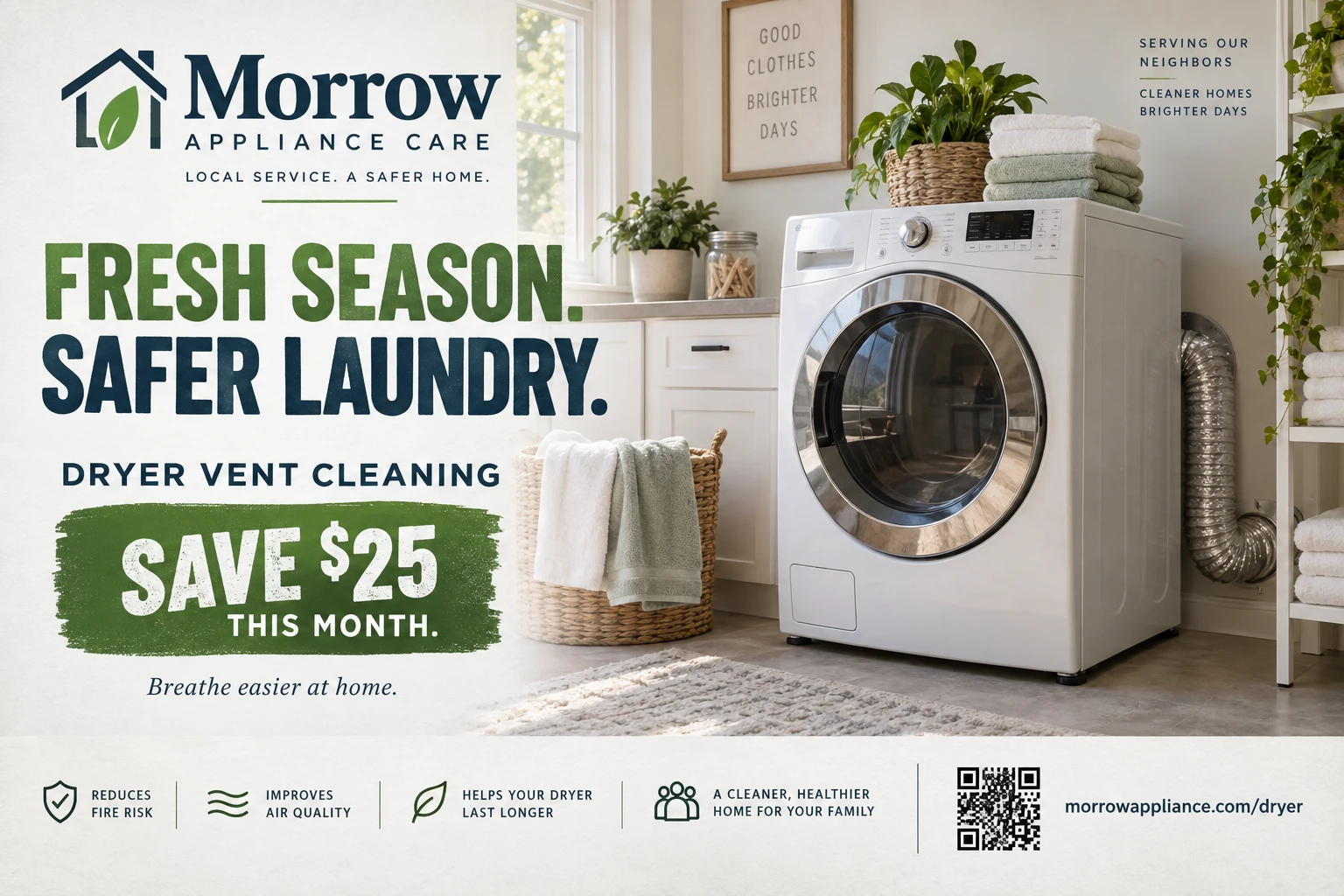 Seasonal maintenance postcard: fresh season, safer laundry; dryer vent cleaning; a seasonal saving printed on the card; book your seasonal service; breathe easier at home; the dryer with its vent hose in the laundry room.