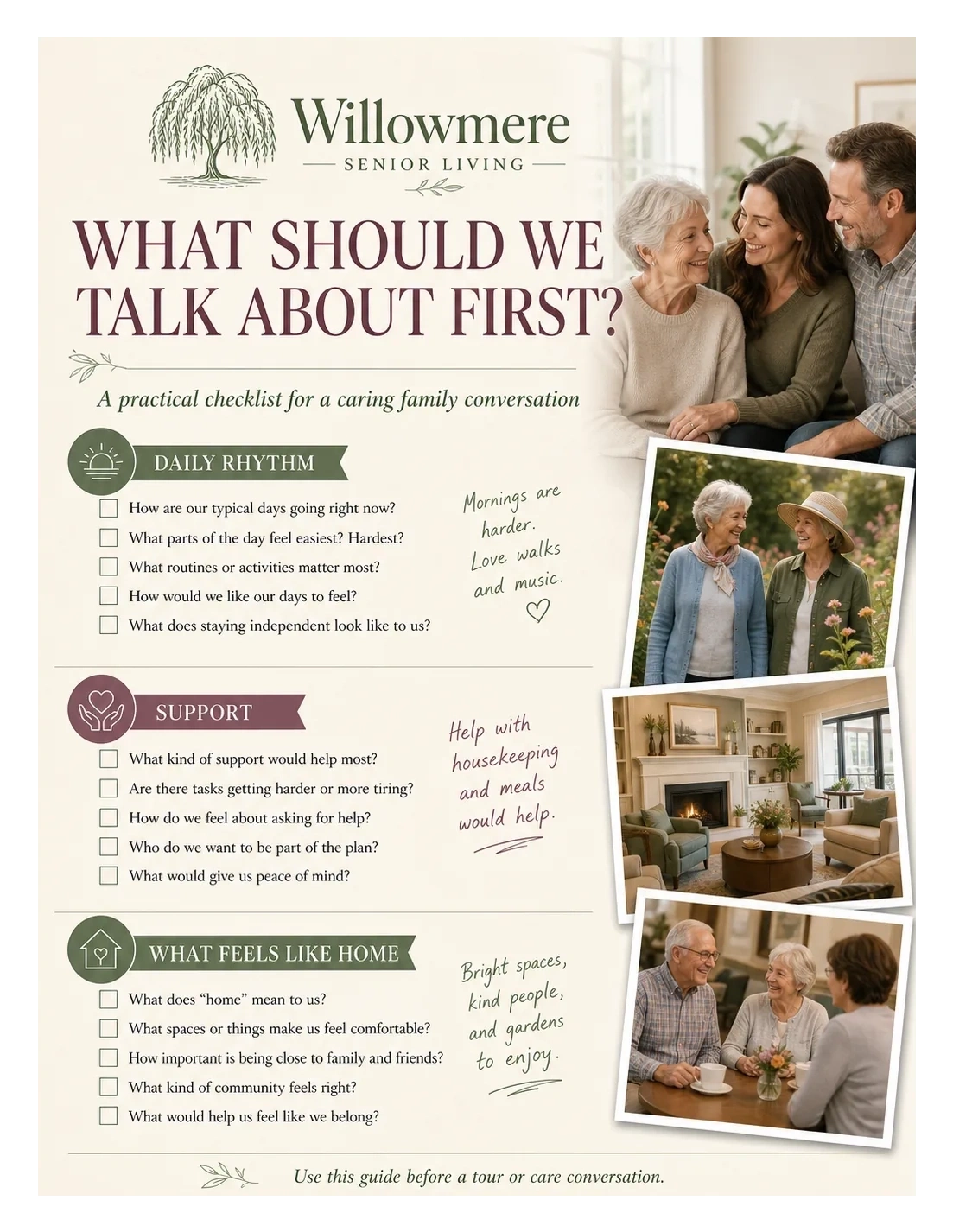 Care-needs conversation checklist: what should we talk about first, a practical checklist for a caring family conversation; daily rhythm, support, what feels like home; use this guide before a tour or care conversation.