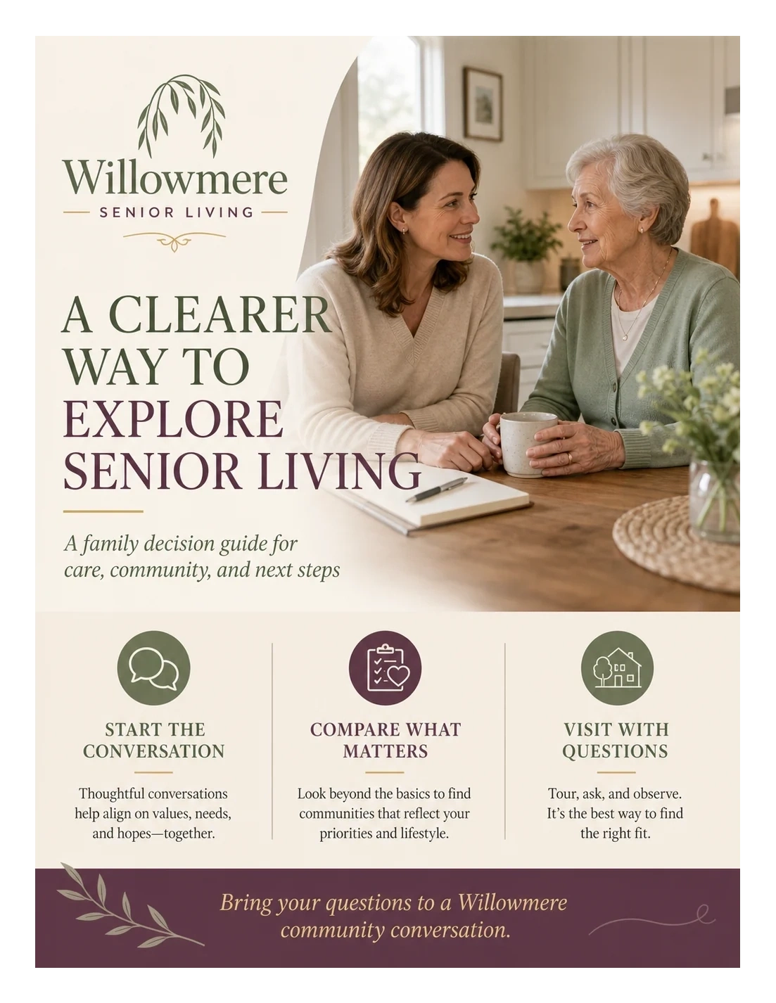 Family decision guide: a clearer way to explore senior living, a family decision guide for care, community and next steps; start the conversation, compare what matters, visit with questions; bring your questions to a community conversation.