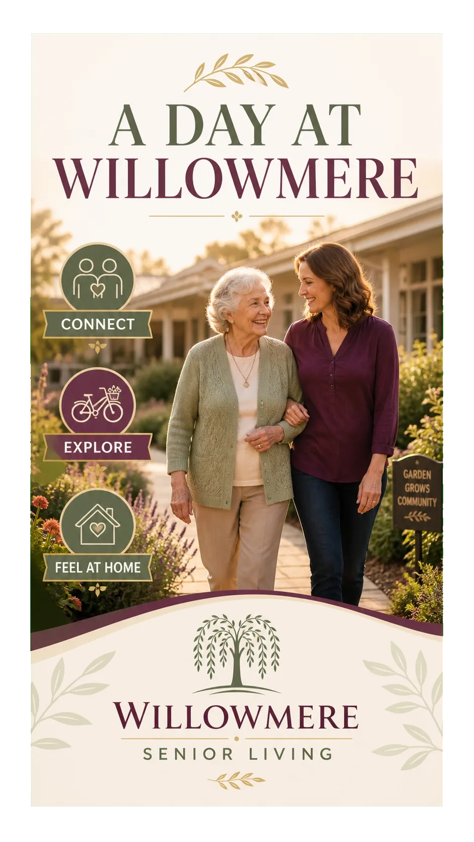 Resident-life Reel: a day at the community; connect, explore, feel at home; two women walking the garden path; the community’s name at the foot.