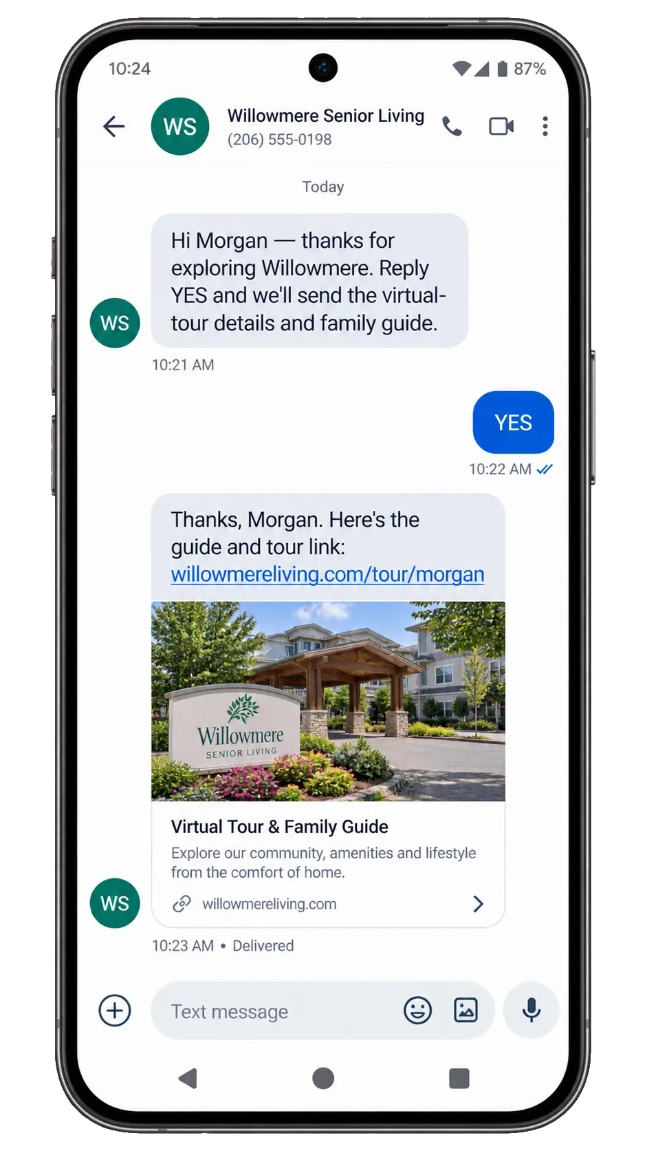 Tour follow-up text, addressed by first name: thanks for exploring the community, reply YES and we’ll send the virtual-tour details and family guide; the YES; then the guide and tour link with its preview.