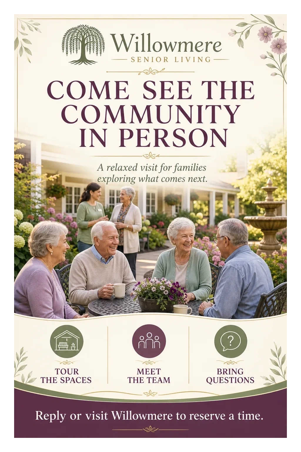 Tour-invitation postcard, 6 by 9: come see the community in person, a relaxed visit for families exploring what comes next; tour the spaces, meet the team, bring questions; reply or visit to reserve a time.