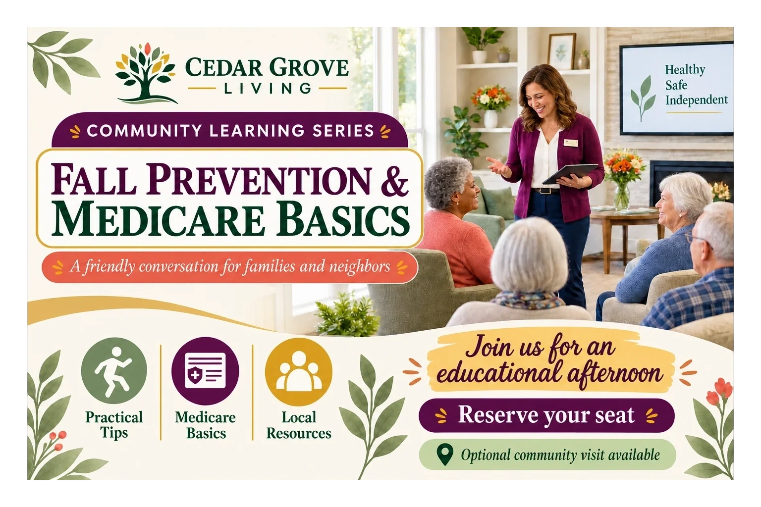 Fall-prevention and Medicare seminar postcard: community learning series, fall prevention and Medicare basics, a friendly conversation for families and neighbors; practical tips, Medicare basics, local resources; join us for an educational afternoon, reserve your seat, optional community visit available.