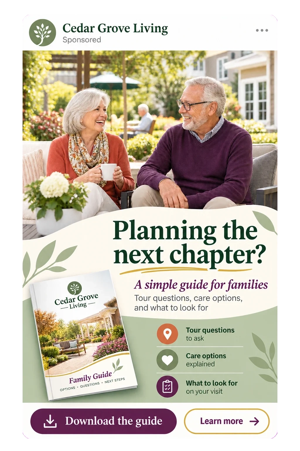 Family-guide feed unit: planning the next chapter, a simple guide for families; tour questions to ask, care options explained, what to look for on your visit; download the guide.