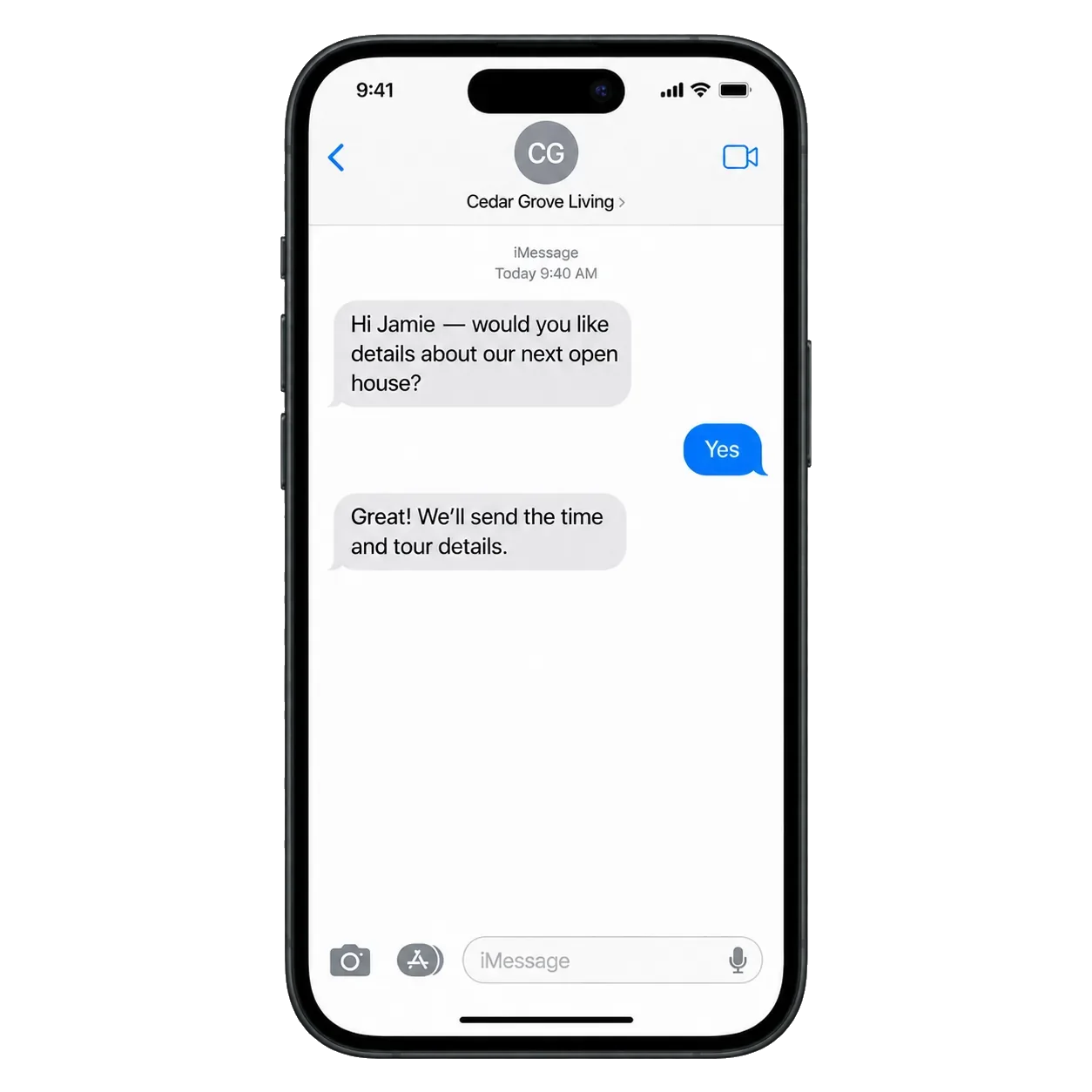 Open-house follow-up text, addressed by first name: would you like details about our next open house; the yes; then we’ll send the time and tour details.