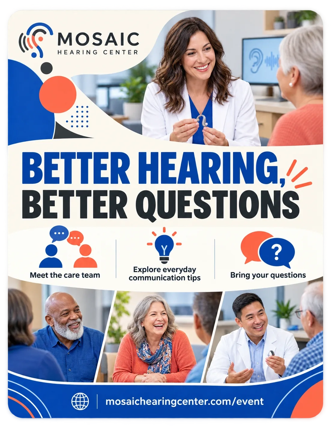 Better Hearing event kit: better hearing, better questions; meet the care team, explore everyday communication tips, bring your questions; the event page’s address.