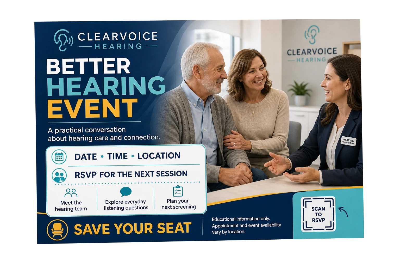 Better Hearing event postcard: a practical conversation about hearing care and connection; date, time and location left open; RSVP for the next session; meet the hearing team, explore everyday listening questions, plan your next screening; save your seat, scan to RSVP; educational information only, appointment and event availability vary by location.